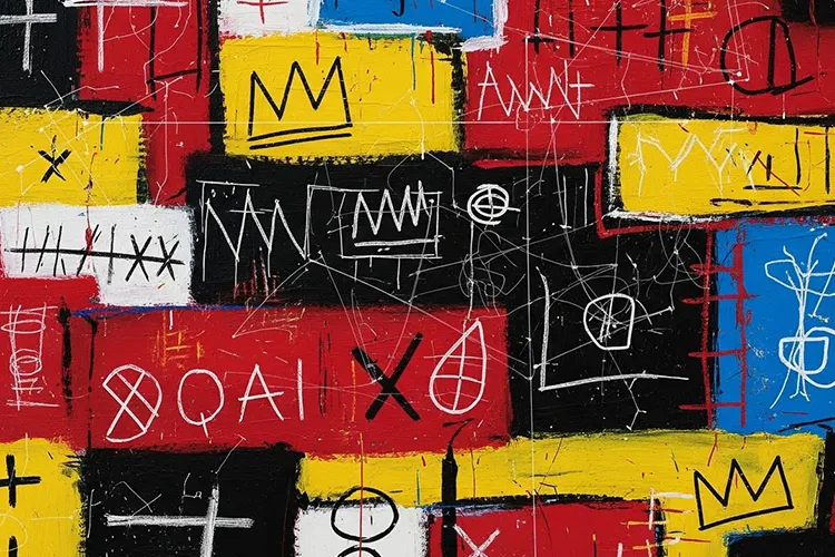 バスキア風の抽象アートにAI解析要素を重ねたサムネイル画像