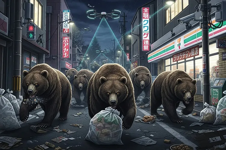 夜の日本の街を熊の群れが走り抜ける。AI監視ドローンが追跡する劇画タッチのイラスト。
