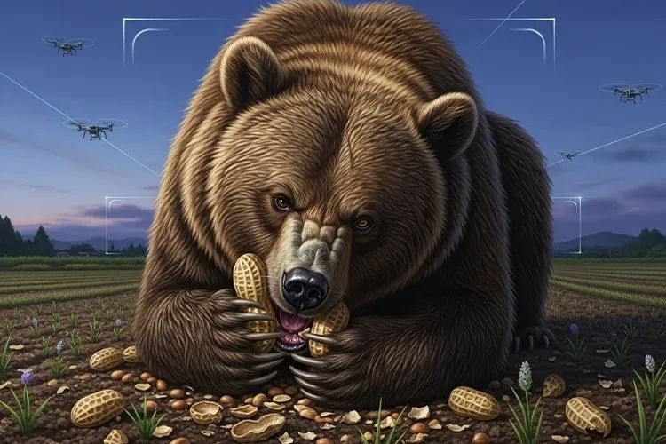 落花生をむさぼり食う熊を劇画タッチで描いた迫力あるイラスト