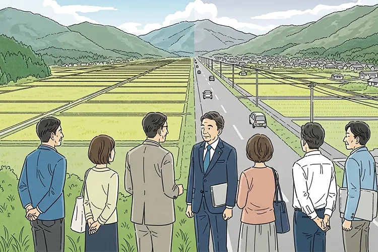 山形県の自然環境と地方特有の課題を対比的に描いた編集イラスト。山や田園風景、静かな町並みを背景に、人々が地域の特性について落ち着いて議論している様子。