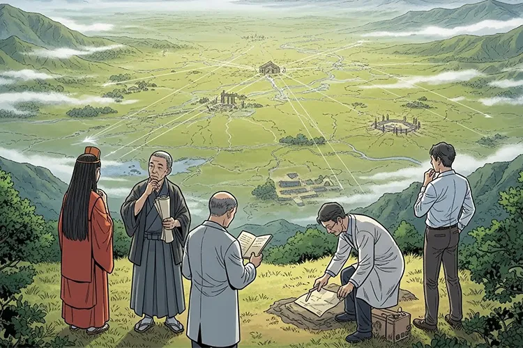 邪馬台国の場所をめぐる謎を象徴的に描いた古代日本のエディトリアルイラスト