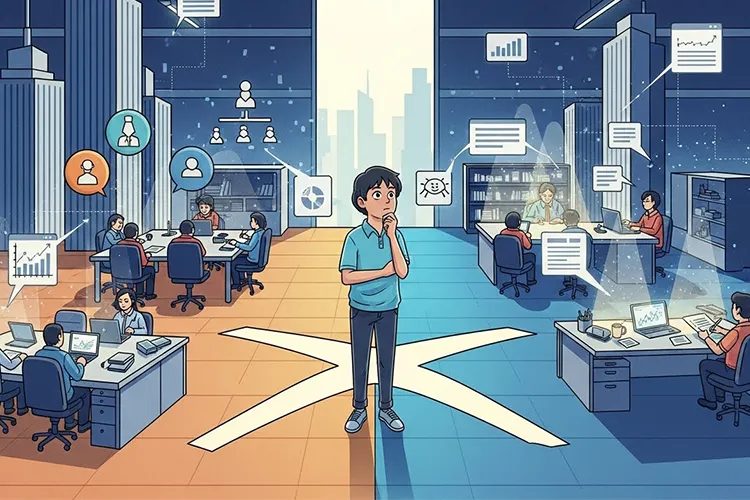 岐路に立つ若手社員と多様なキャリア選択を描いたイラスト