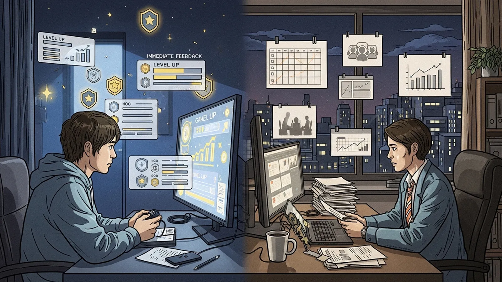 ゲームと現実の達成感をAIの考察で比較する記事共通のサムネイル